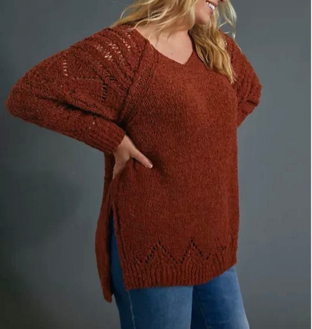 Anthropologie Pilcro XL Rust Open Knit Sweater Tunic Boho Oversized Fall